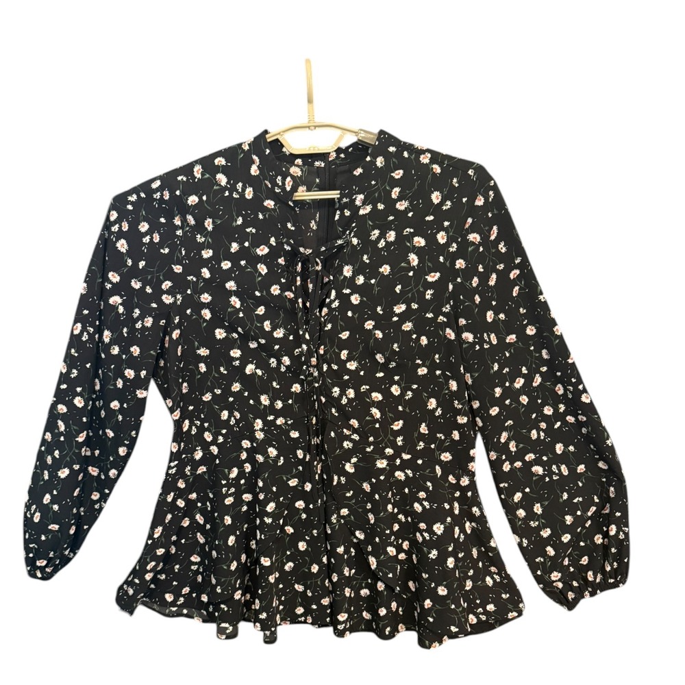 Lane Bryant Black Daisy Floral Lace Up Peplum Blouse Long Sleeve 16 Whimsigoth